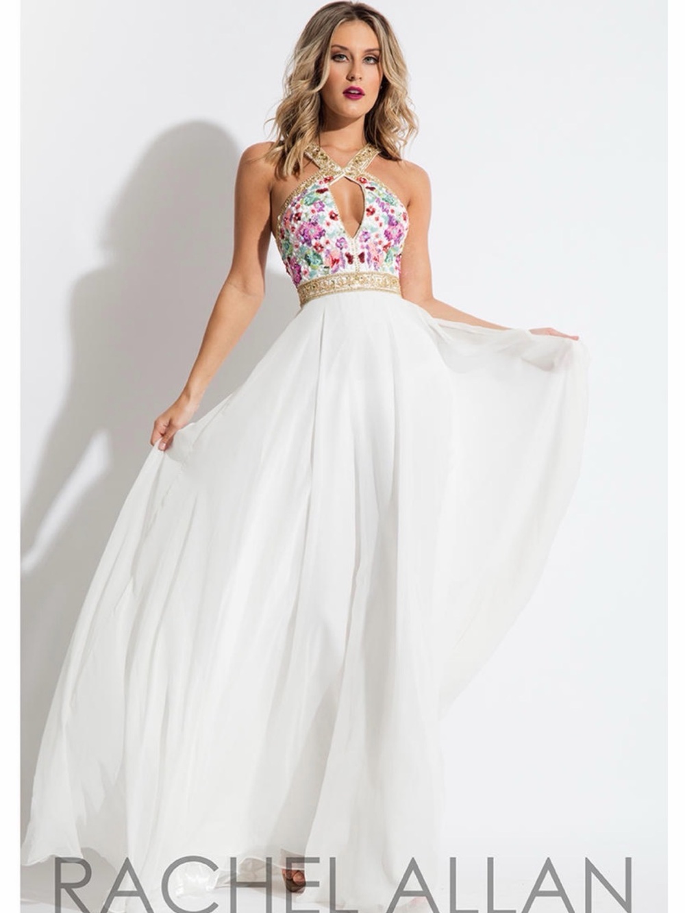 Rachel Allan 7516 White Maxi with Floral Beaded Bodice